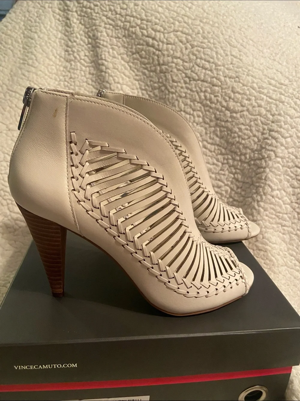Vince Camuto Warm White Woven Peep-Toe Heel Booties - Neutral Leather